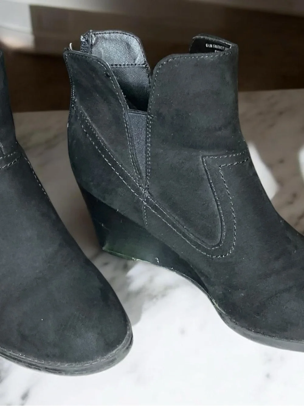 Madeline Womens Black Wedge Ankle Boots Split Shaft V-Notch Faux Suede Booties